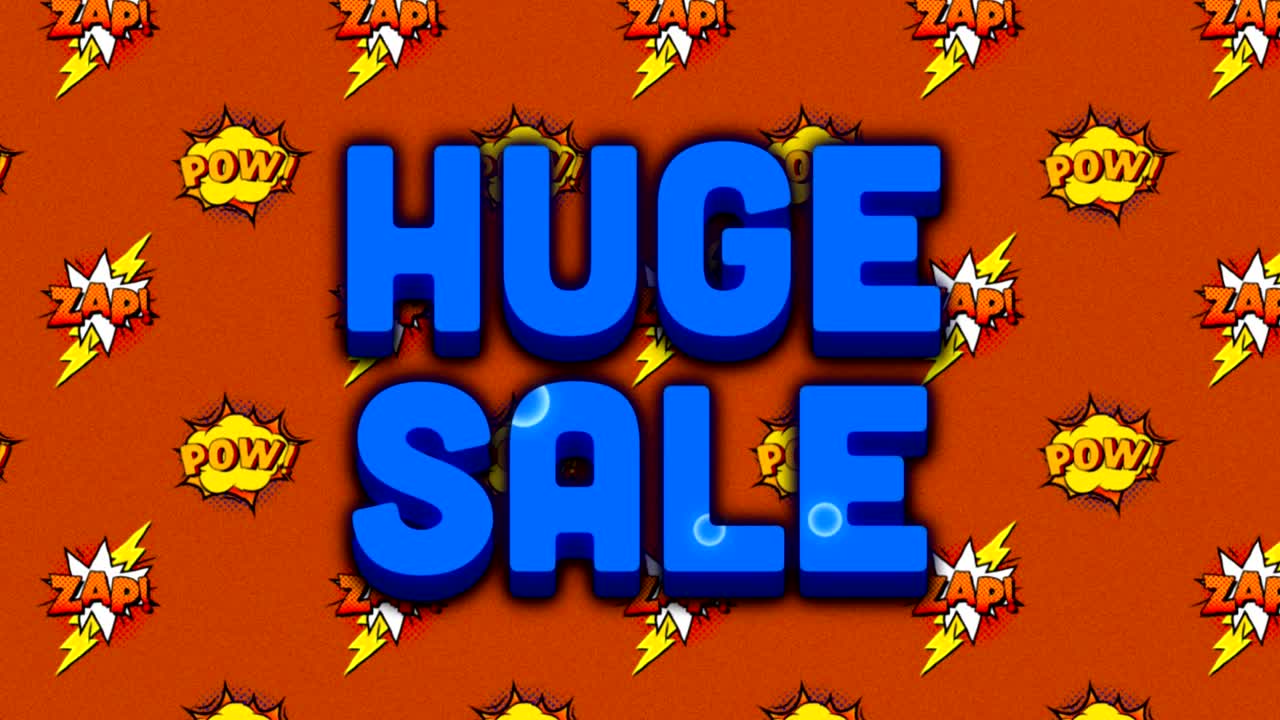 오렌지색 배경에 대 한 음성 거품에 pow 및 zap 텍스트에 대한 거대한 판매 텍스트