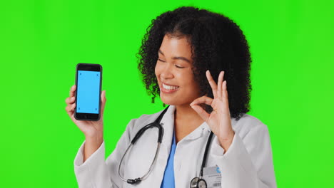 Ok-sign,-woman-and-doctor-with-phone-on-green