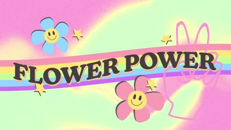 Digital-animation-of-flower-power-text-over-rainbow,-flowers-and-hand-peace-sign