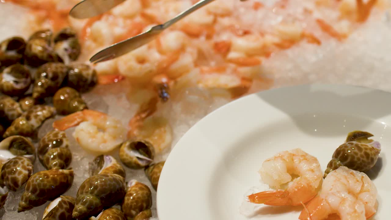 Close-up of a person serving chilled prawns and sea snails onto a white plate