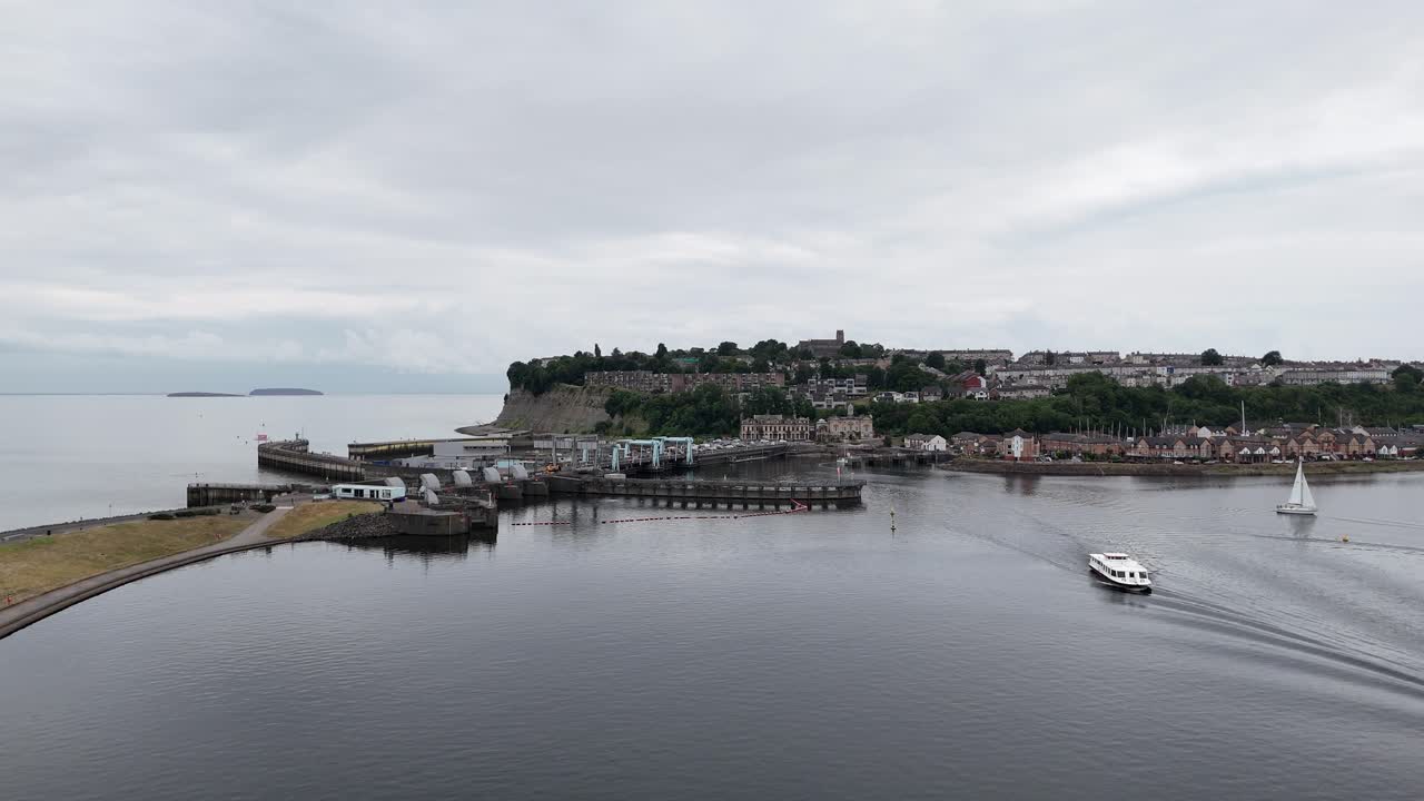 The Cardiff bay tidal barrage drone,aerial push in shot