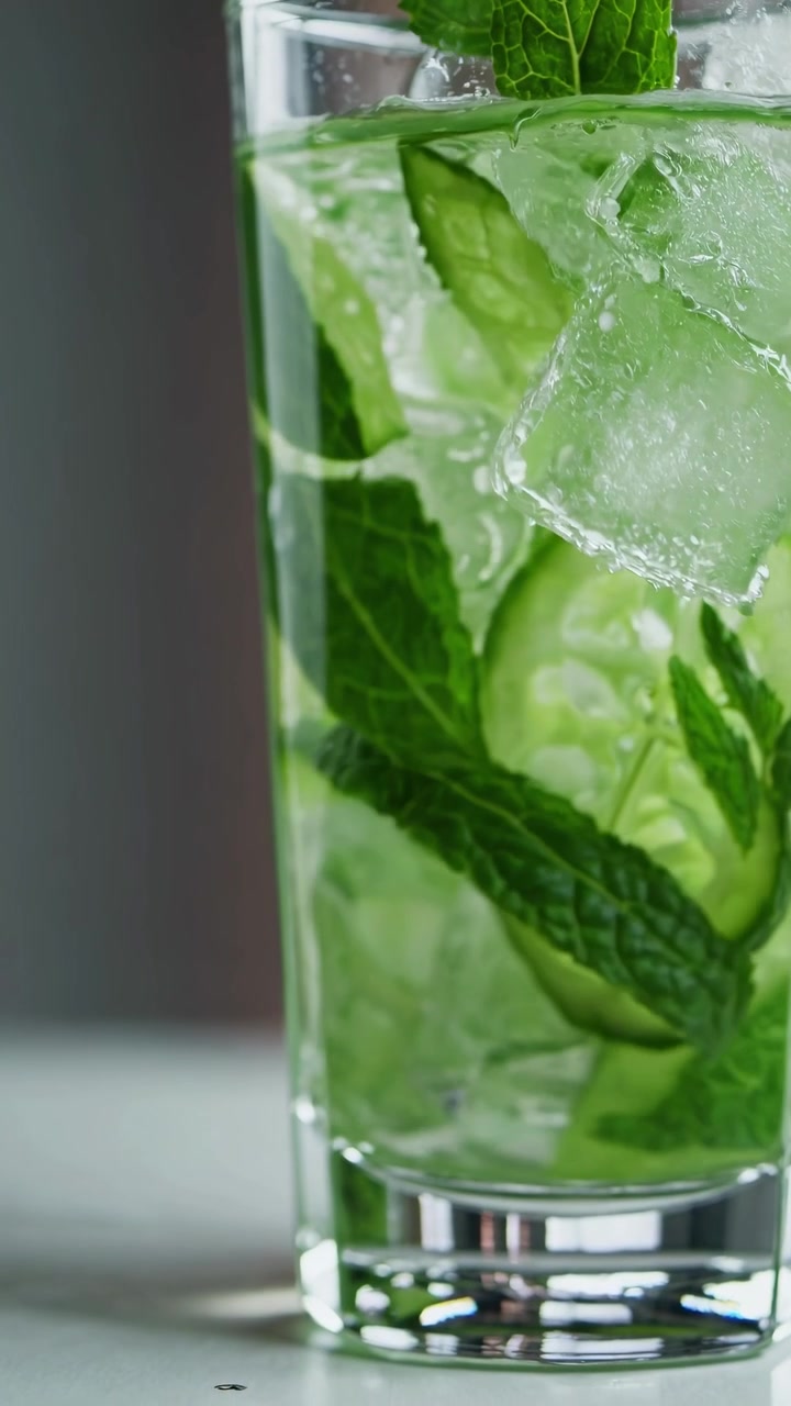 Acqua rinfrescante infusa con cetriolo e menta, con cubetti di ghiaccio in un bicchiere