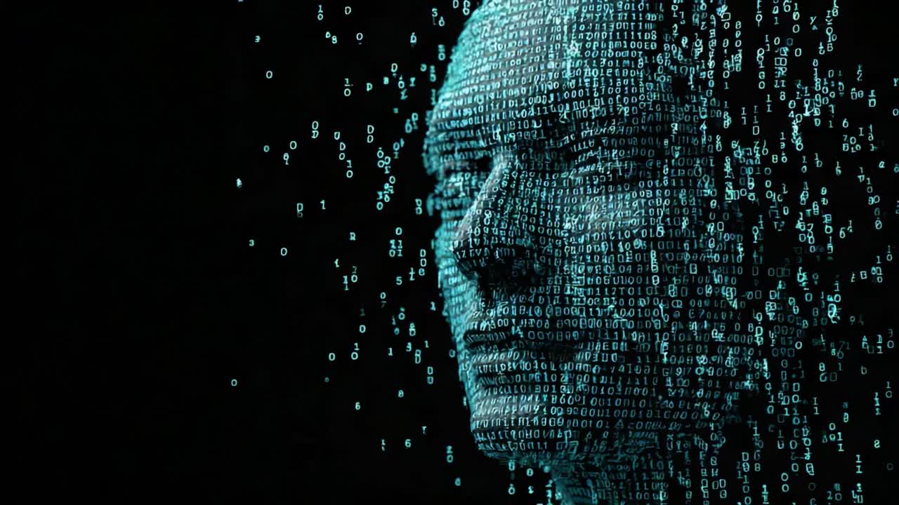 Digital concept of artificial intelligence with a human face made of glowing binary code disintegrating into particles against a dark background, representing technology and data