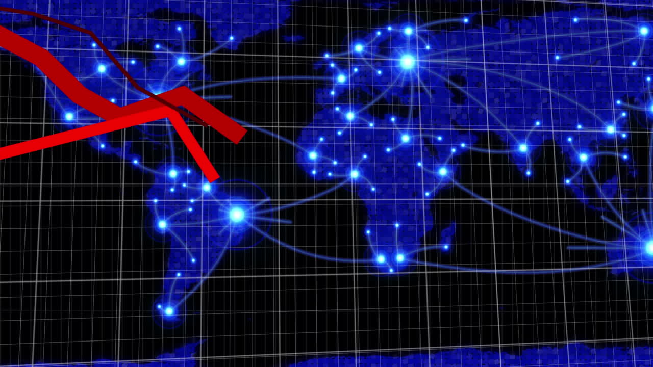 ⁇ 은 선의 애니메이션과 빛나는 반점이 있는 세계 지도 위의 데이터 처리