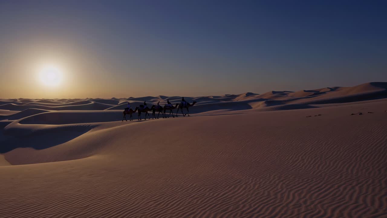 Camel caravan crossing desert dunes at sunset with low sun casting long shadows creating a scenic view of traditional desert travel and tourism