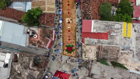 Cenital-shot-of-the-artistic-sawdust-carpets-during-a-traditional-celebration-in-Huajuapan-de-Leon,-Oaxaca