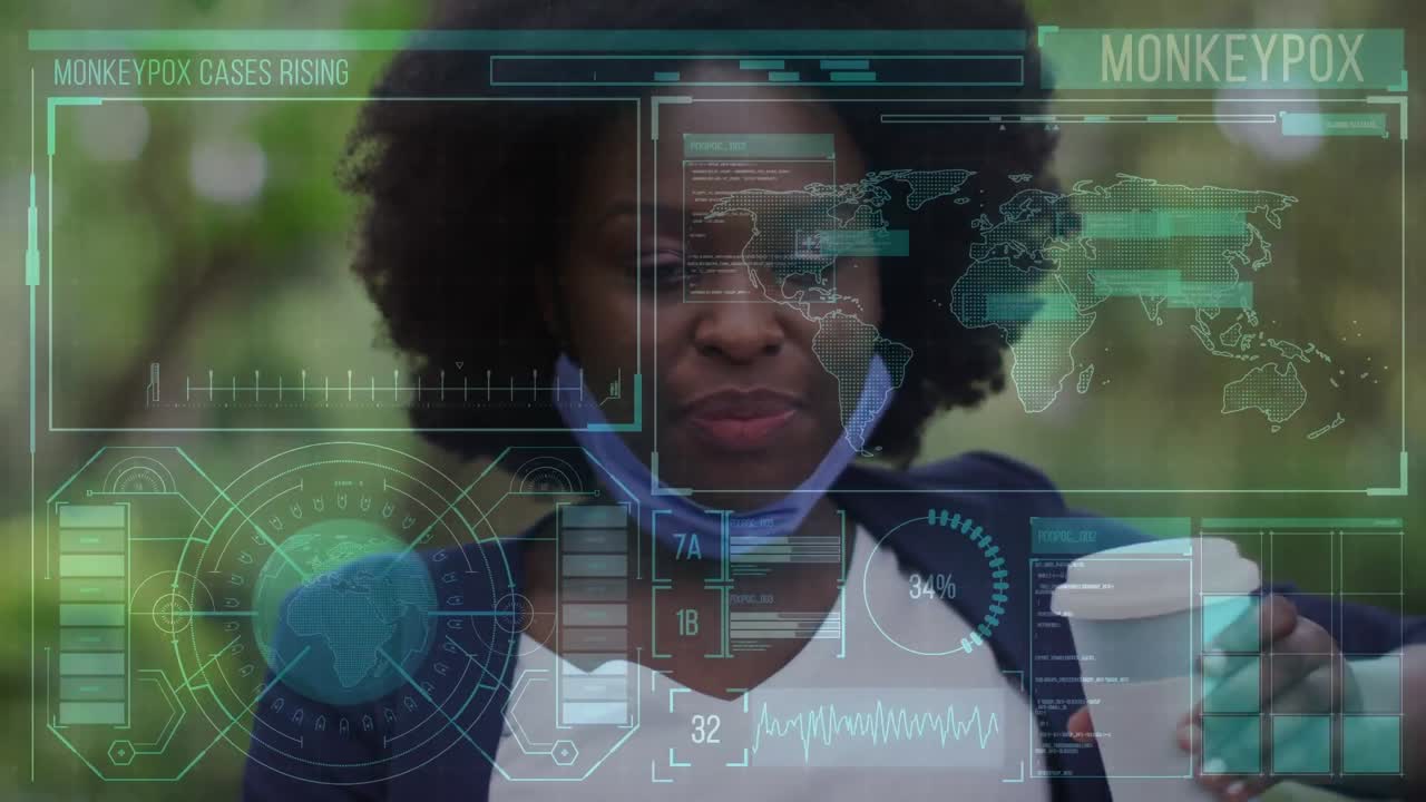 Animation of monkey pox over digtial screen with data and african american woman with coffee