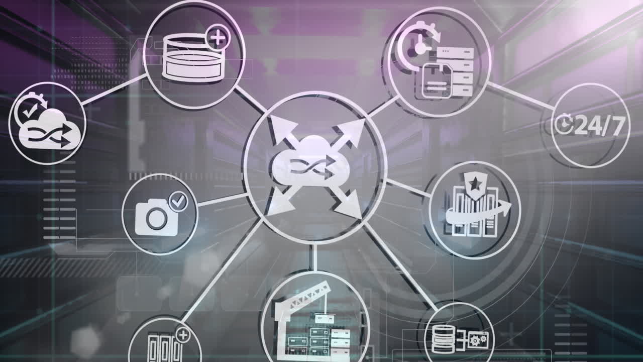 animación del procesamiento de datos financieros a través de una red de conexiones con iconos