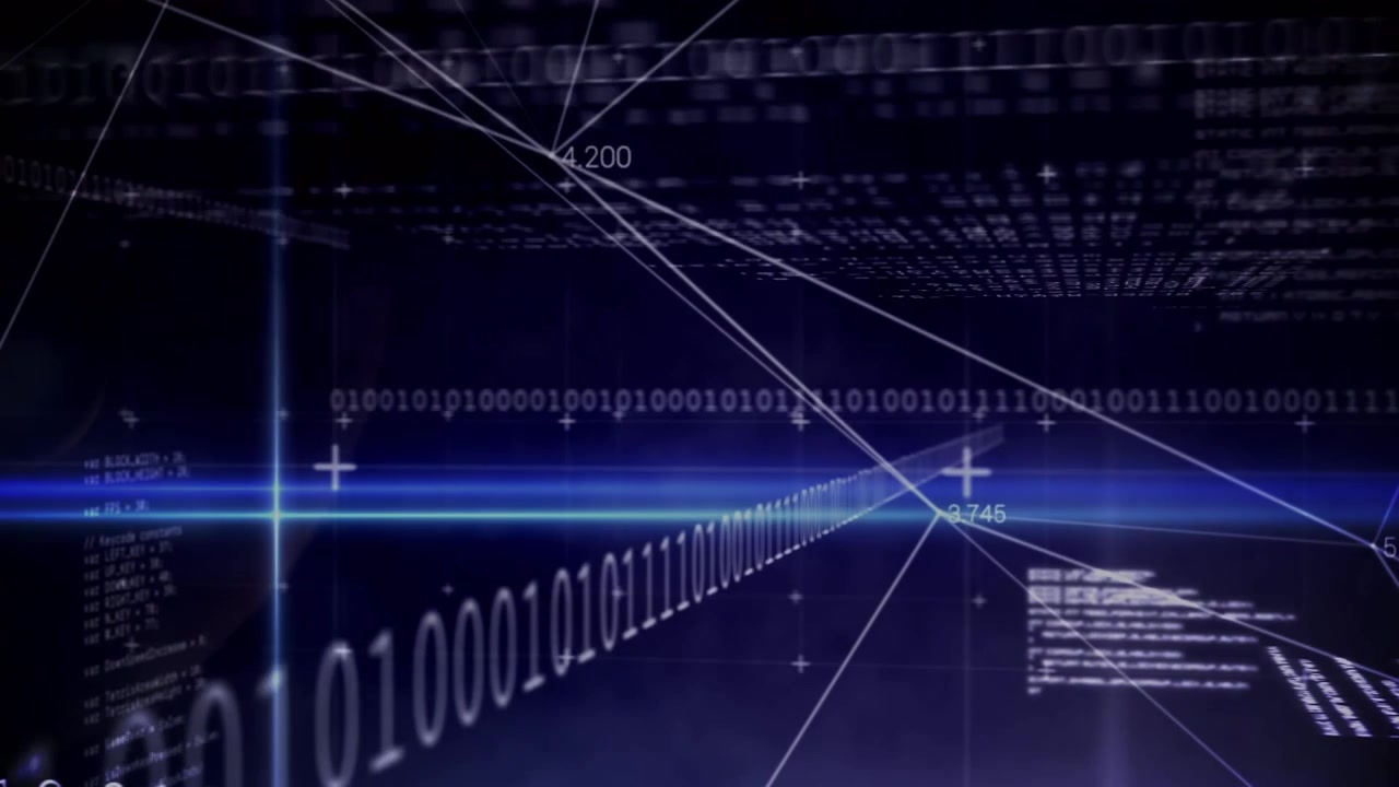 Digital animation of blue light trails and data processing against black background