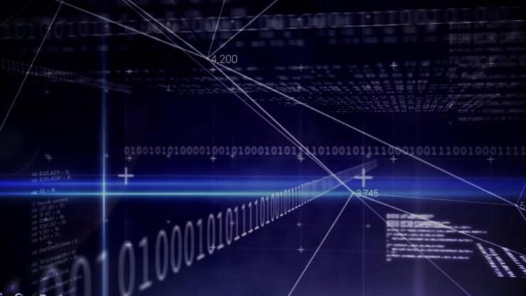 Digital animation of blue light trails and data processing against black background