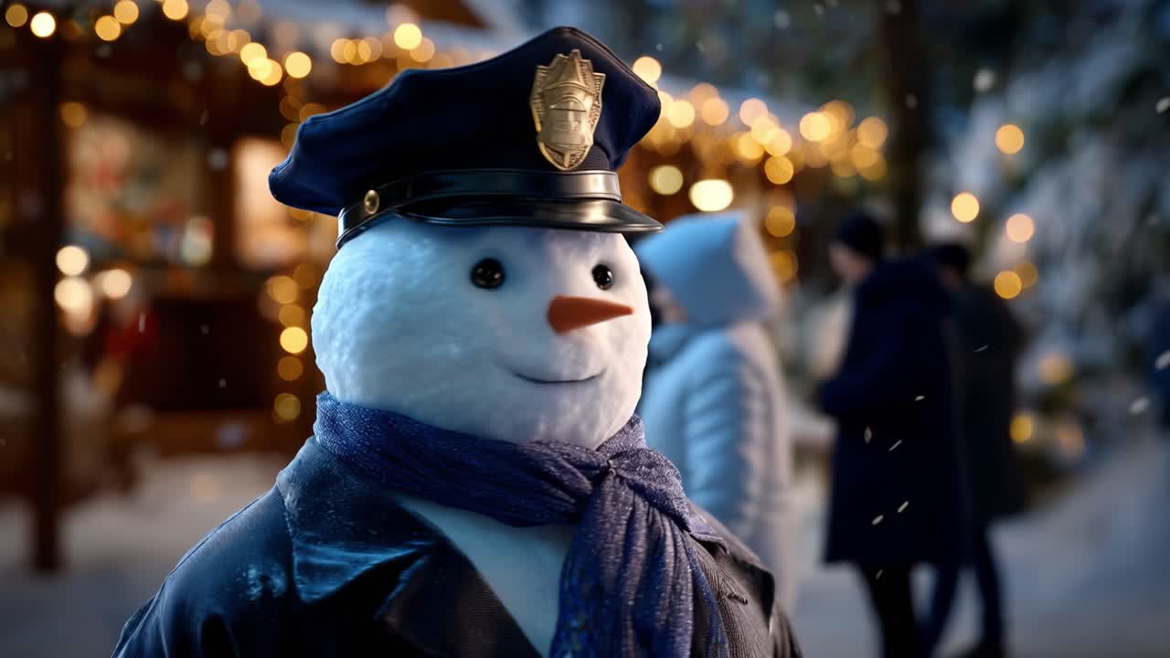 Snowman wears police cap and jacket. Warm lights glow softly behind him. He smiles gently at passing figures. Snowflakes drift slowly through air. Ideal for holiday, festive, or whimsical scenes