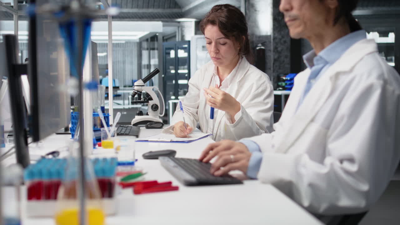 Vertical video Chemical engineer using laboratory glassware with blue indicator solution