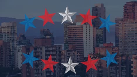 animación de las estrellas de la bandera de los estados unidos sobre el paisaje urbano