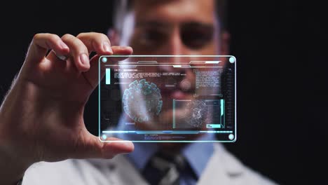 animation of male scientist holding digital screen with covid 19 cell