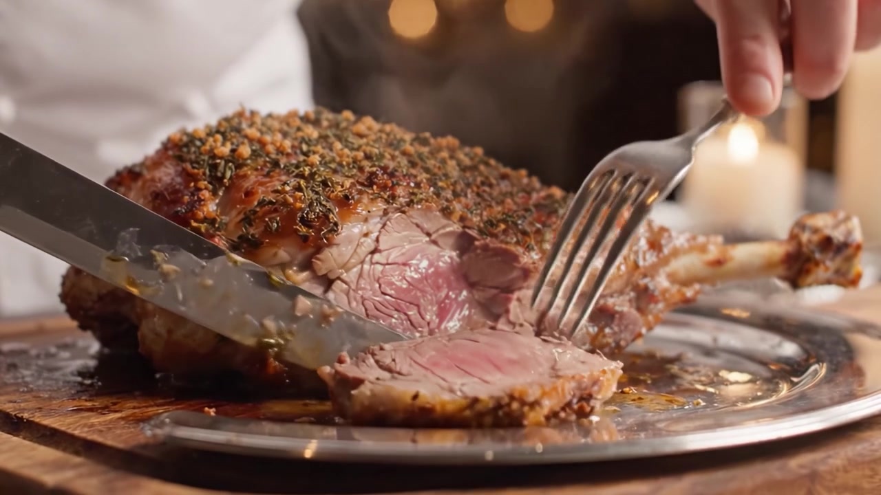 Succulenta carne arrosto in crosta di erbe affettata su un vassoio d'argento con forchetta e coltello, che mostra un interno rosa e succoso in un ambiente elegante