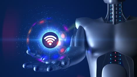 futuristic humanoid robot holding 3d wireless symbol