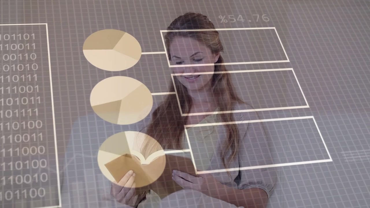 Donna seduta sul divano che gira una pagina, avviando la realtà aumentata (AR) che sovrappone grafici a torta e a ciambella, raccogliendo dati per la tecnologia.