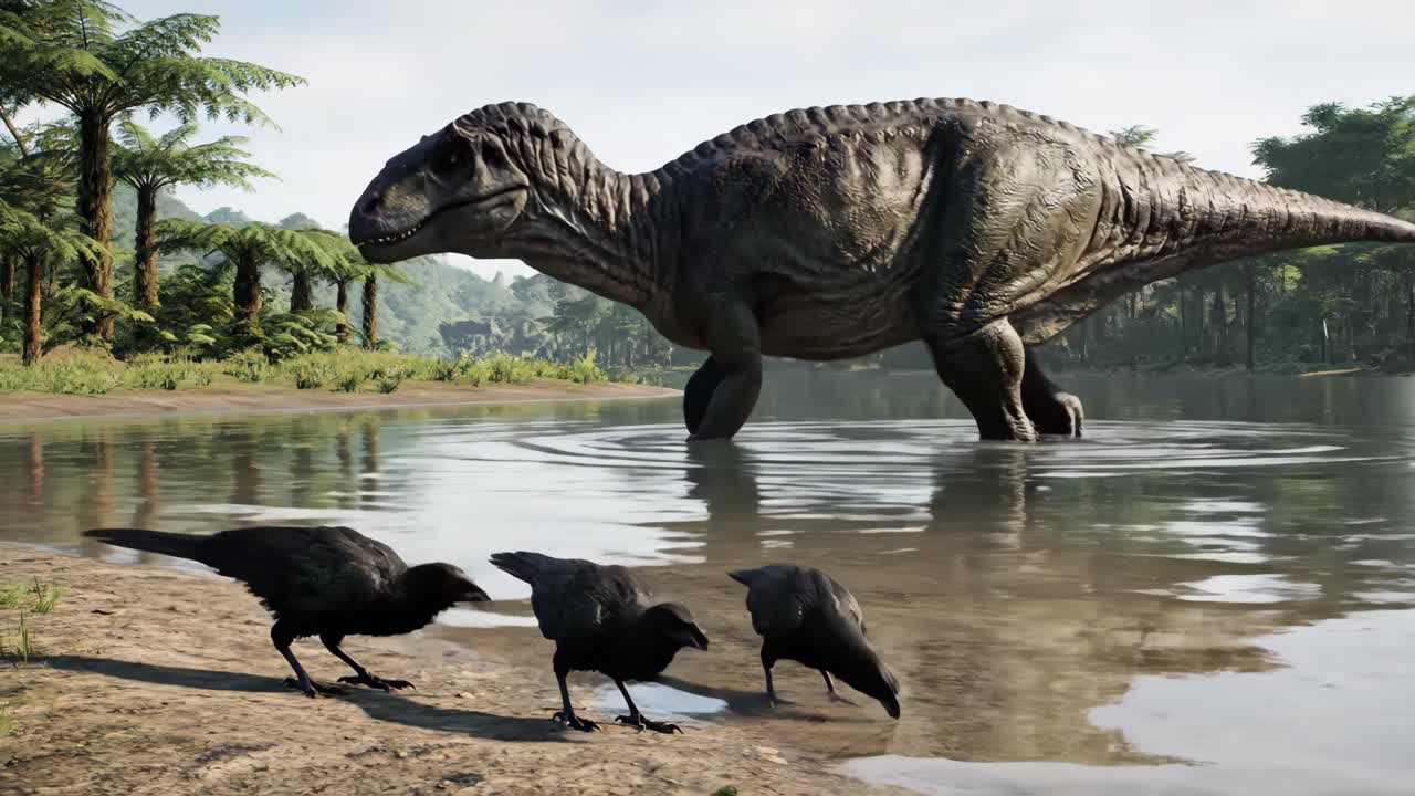 Dinosaur and Crows by the Lake