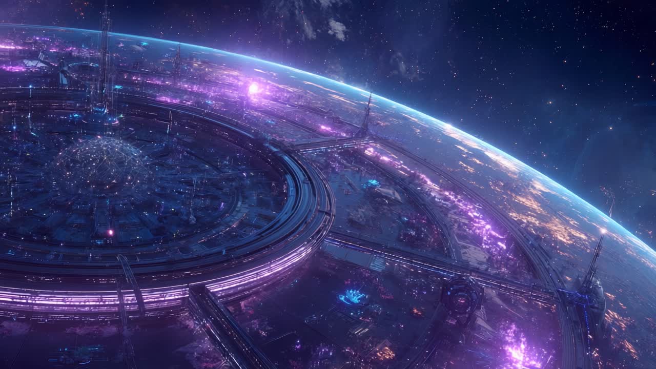 A Stunning View of a Futuristic Space Station Orbiting a Dazzling Planet, Illuminated by Vibrant Purples and Blues in a Cosmic Landscape Full of Stars and Galaxies