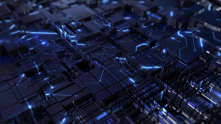 Scheda madre a circuito 3D scura: Tecnologia futuristica con elementi di IA e quantistici