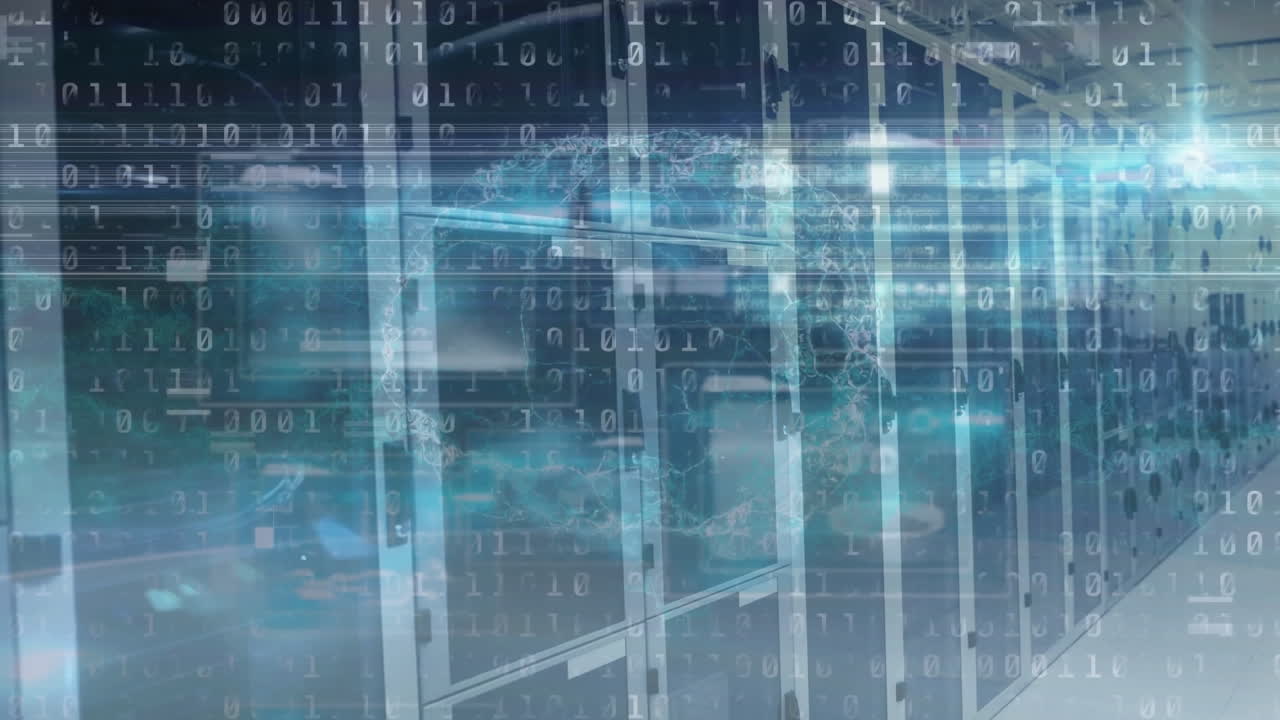 컴퓨터 서버 에 대한 이진 코딩과 인간 뇌 아이콘의 애니메이션.