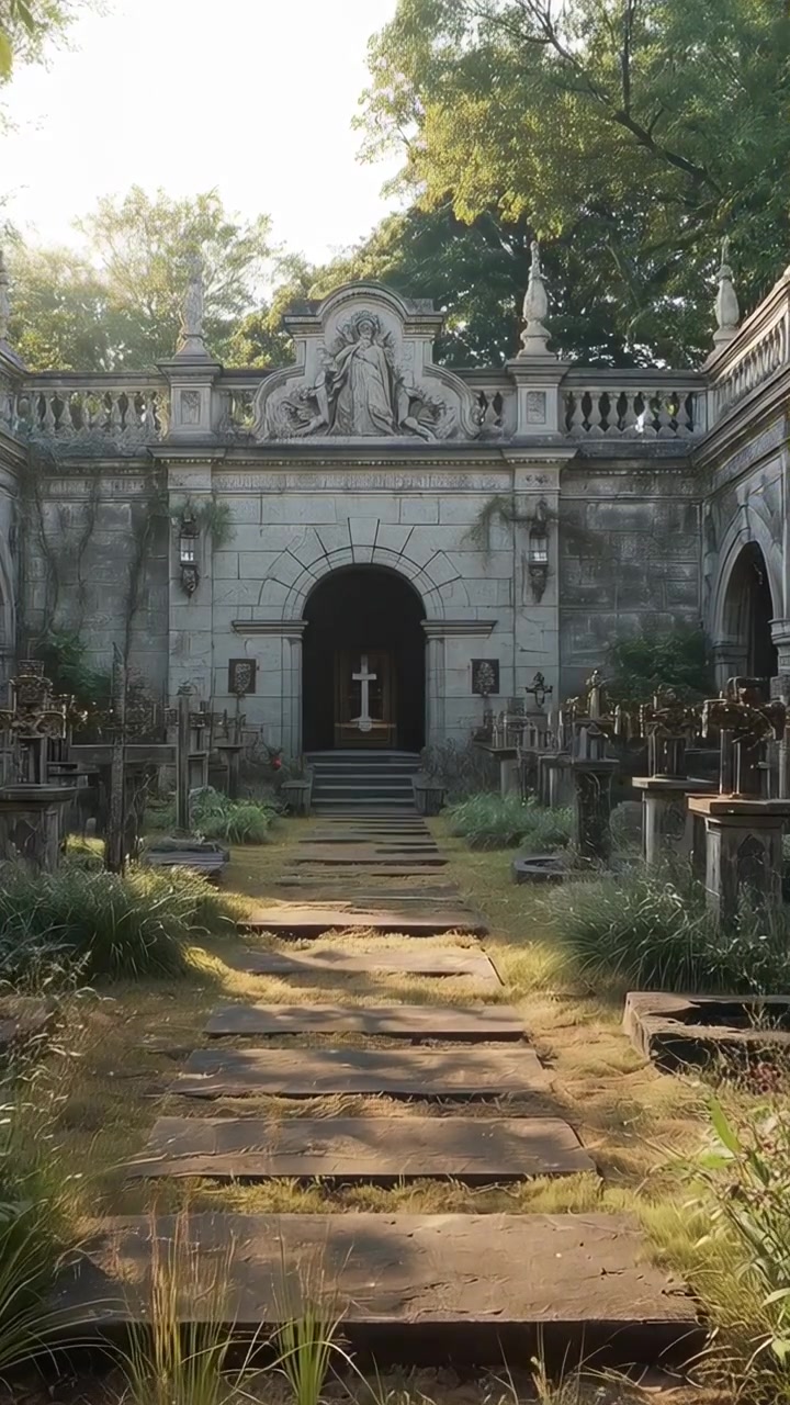 Video verticale: Telecamera che avanza mostrando un sentiero di pietra nel cortile di un cimitero, rivelando una croce illuminata.