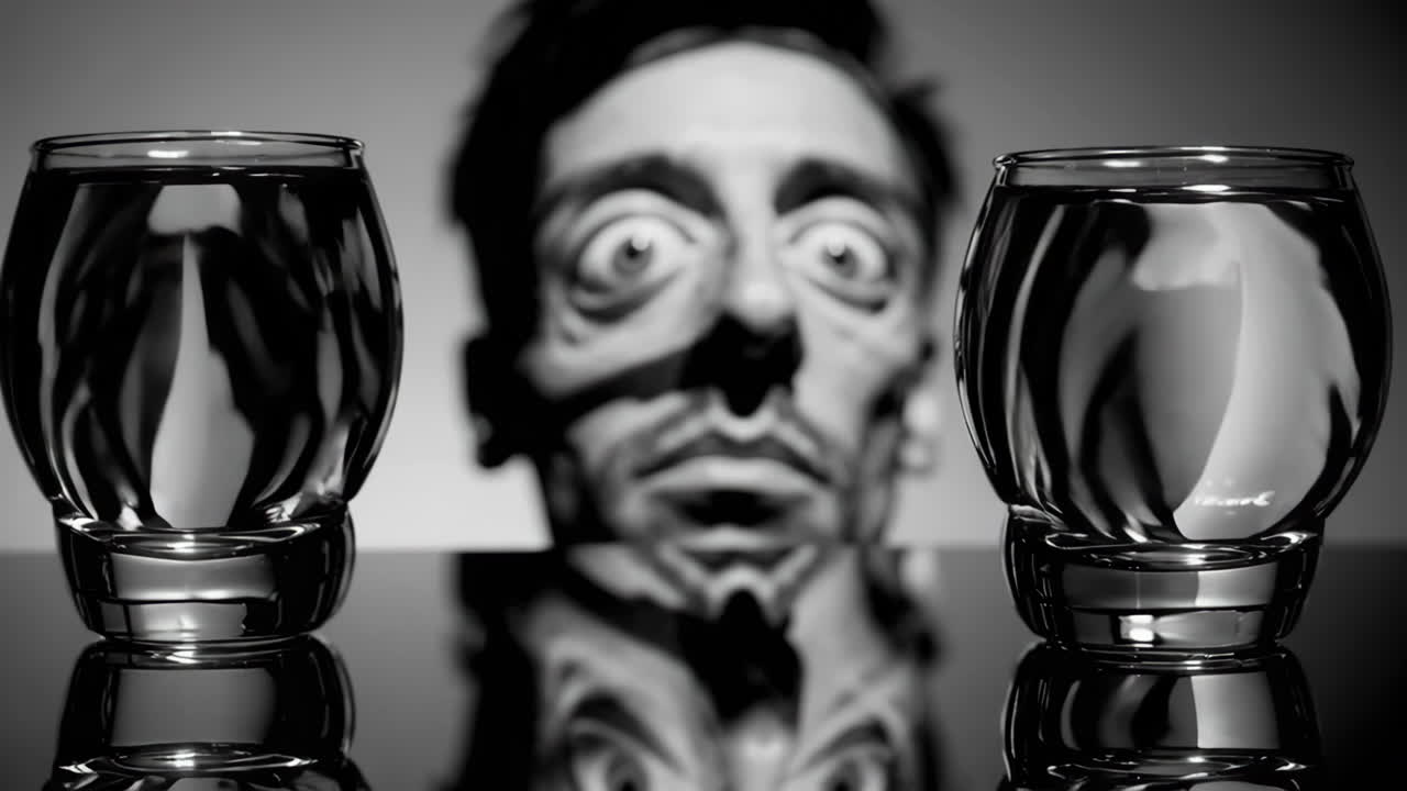 Surreal Black and White Portrait with Distorted Reflection and Water Glasses