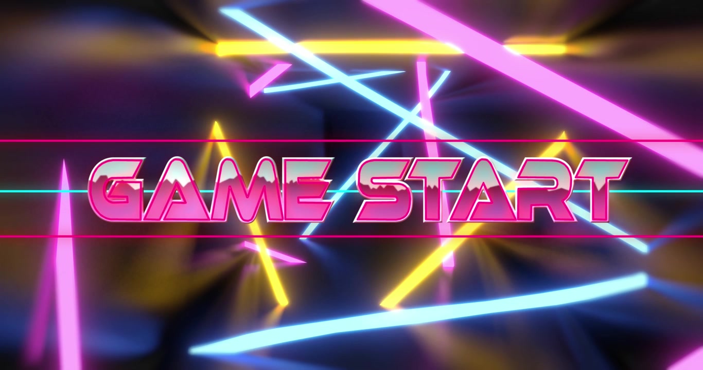 Animazione testuale 'Game Start' in stile neon retrò con linee luminose