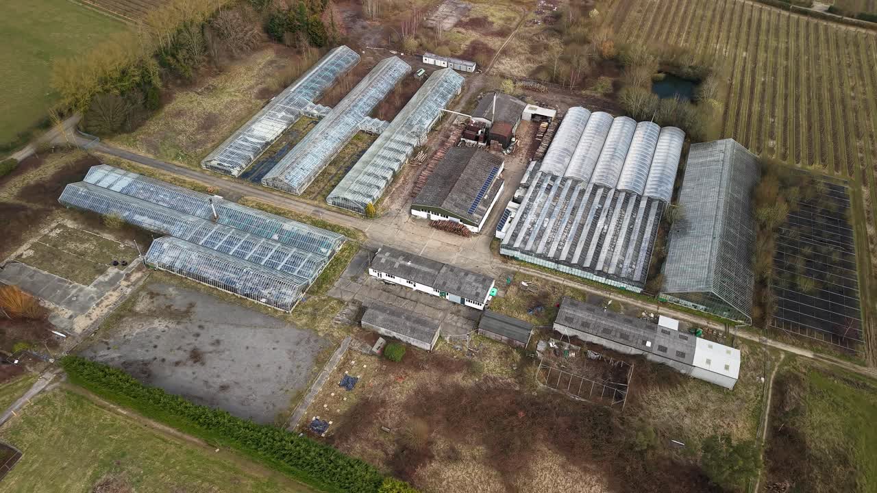 Aerial view of educational and agricultural research facilities in countryside, Kent, England