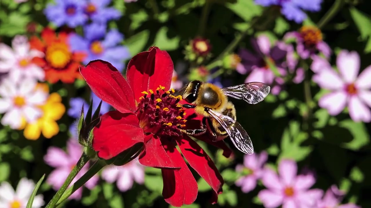 Honeybee Flying and Landing on a Red Flower for Pollination
