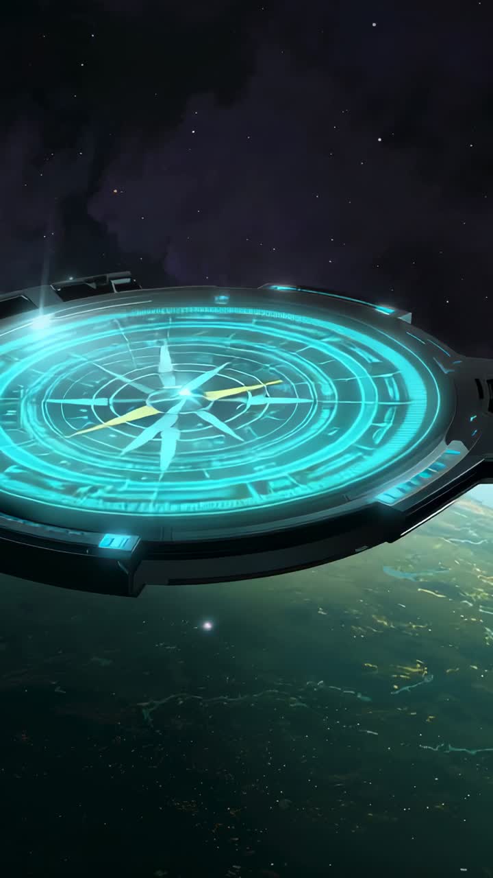 Vertical video: Activating hologram interface over planet, pulsing circuits and rotating compass