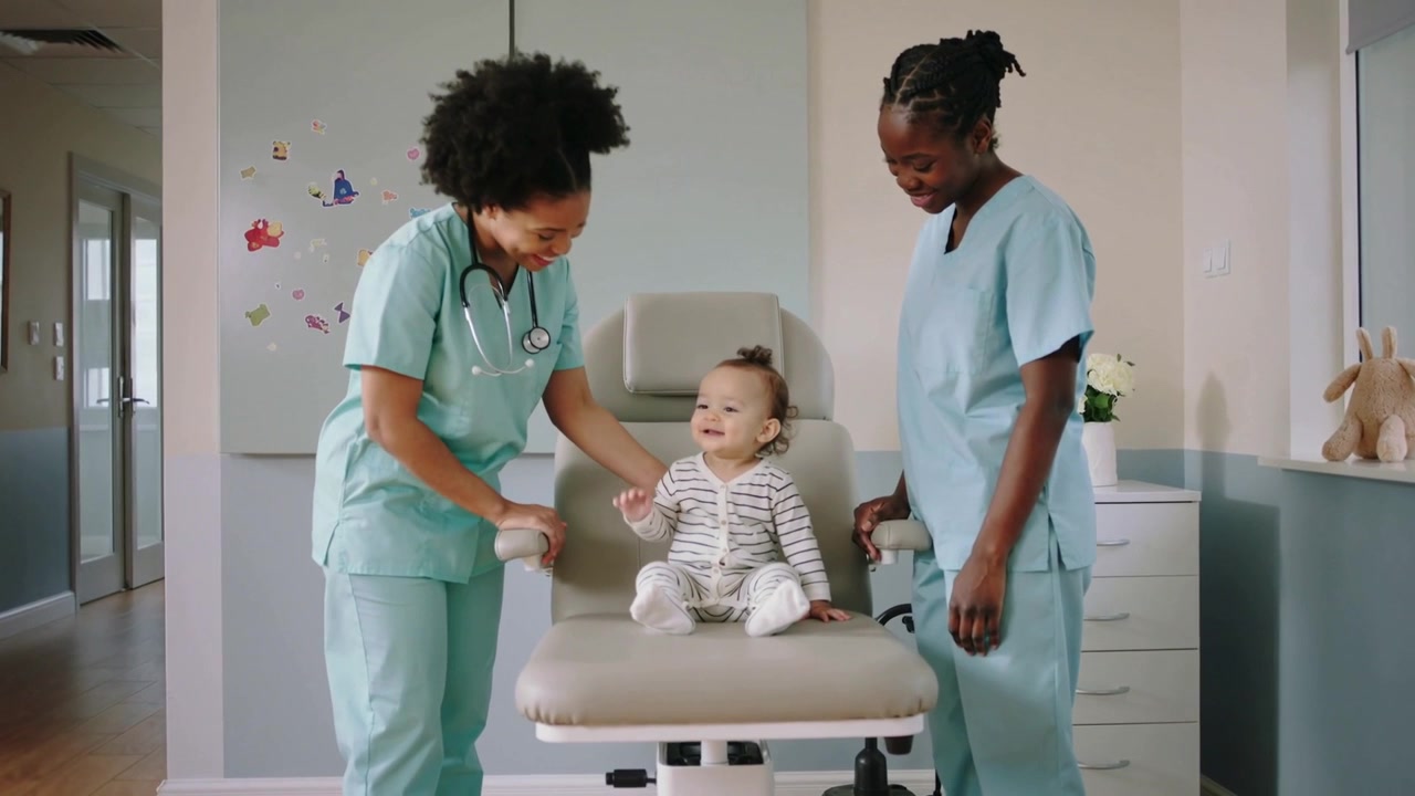 Leaning nurse in light blue scrubs touching toddler on exam chair at clinic, comforting toddler