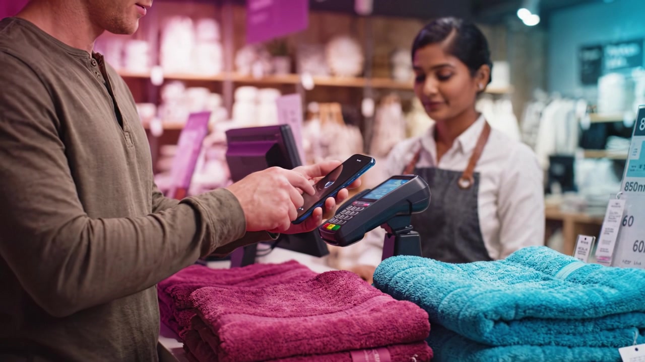 En kunde afslutter et køb ved en kasse i en detailbutik, omgivet af bløde håndklæder, og interagerer med en venlig kassemedarbejder under transaktionen.