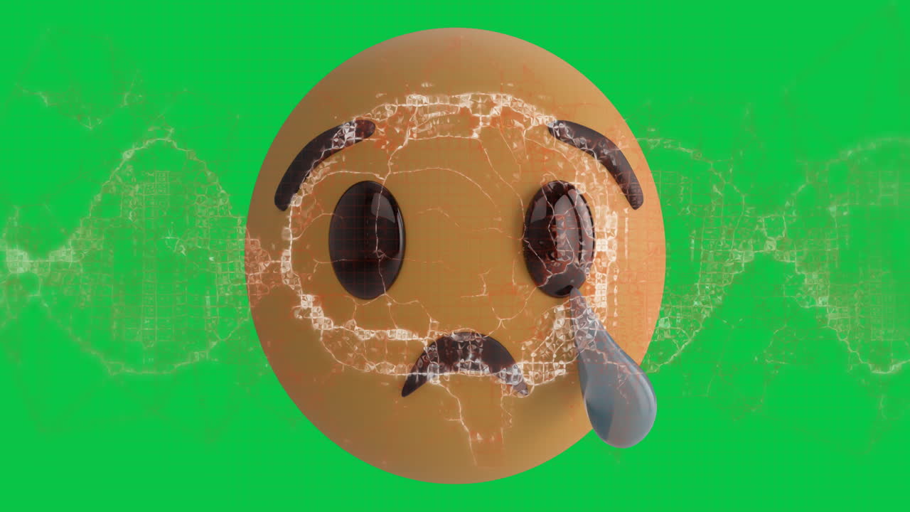 animación digital del cerebro humano girando sobre el rostro llorando emoji contra un fondo verde
