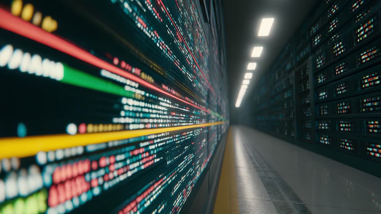 A Dynamic Perspective of a Data Center Corridor Showcasing the Flow of Information with Colorful Light Patterns Representing Active Data Streams and Technology Infrastructure