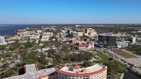 aerial drone footage of bradenton florida showcasing the downtown skyline, riverfront, and bridges under clear blue skies. wide orbit left e
