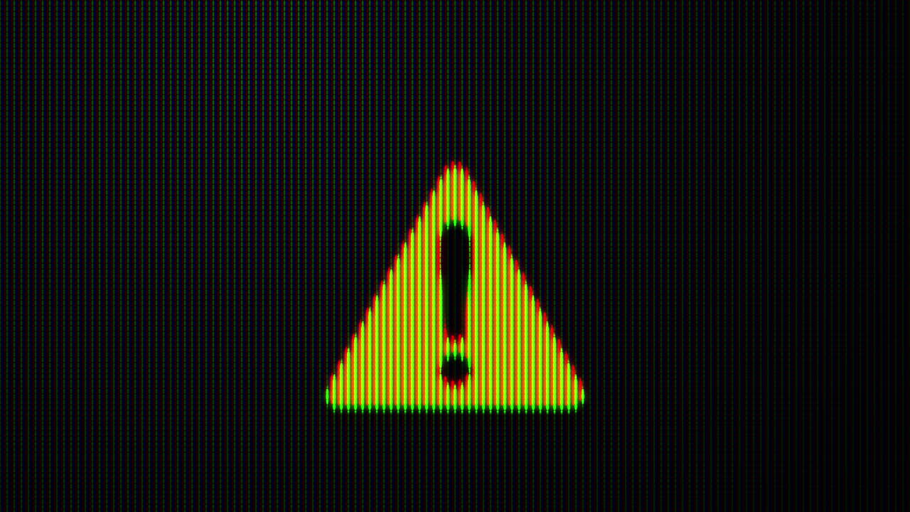 Pixelated Warning Sign Glitching on a Digital Screen