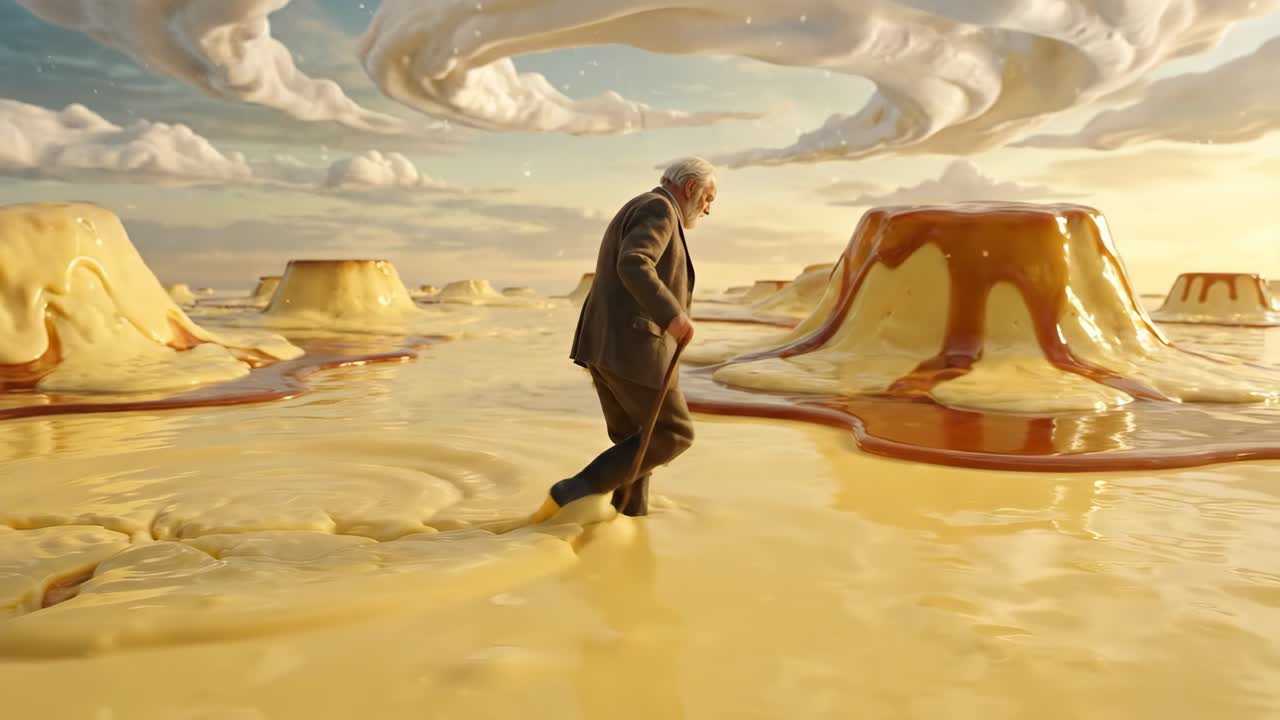 Elderly Man Walking Through a Surreal Custard and Caramel Landscape
