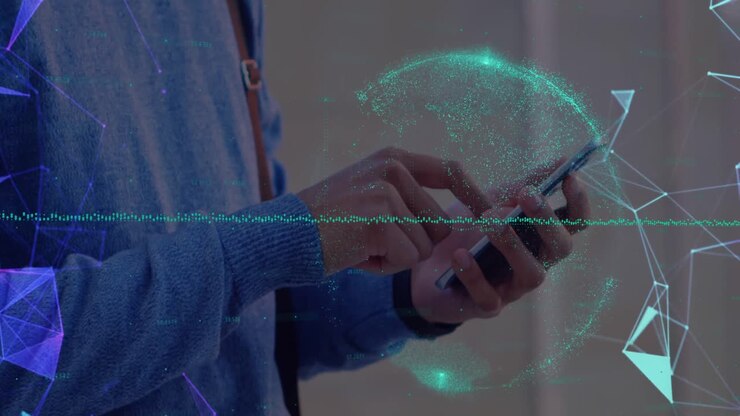 Animation of network of digital icons over man using smartphone