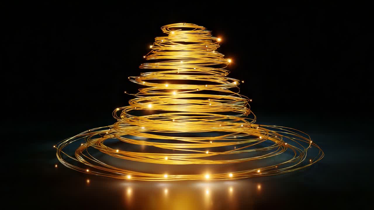 An ethereal display of golden spirals creates a mesmerizing visual phenomenon, characterized by glowing lights and a sleek design, transforming abstract shapes into a captivating artistic expression