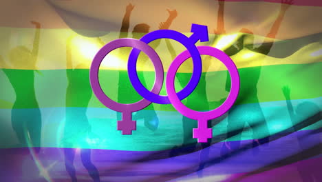 three joined female and male symbols against a rainbow flag