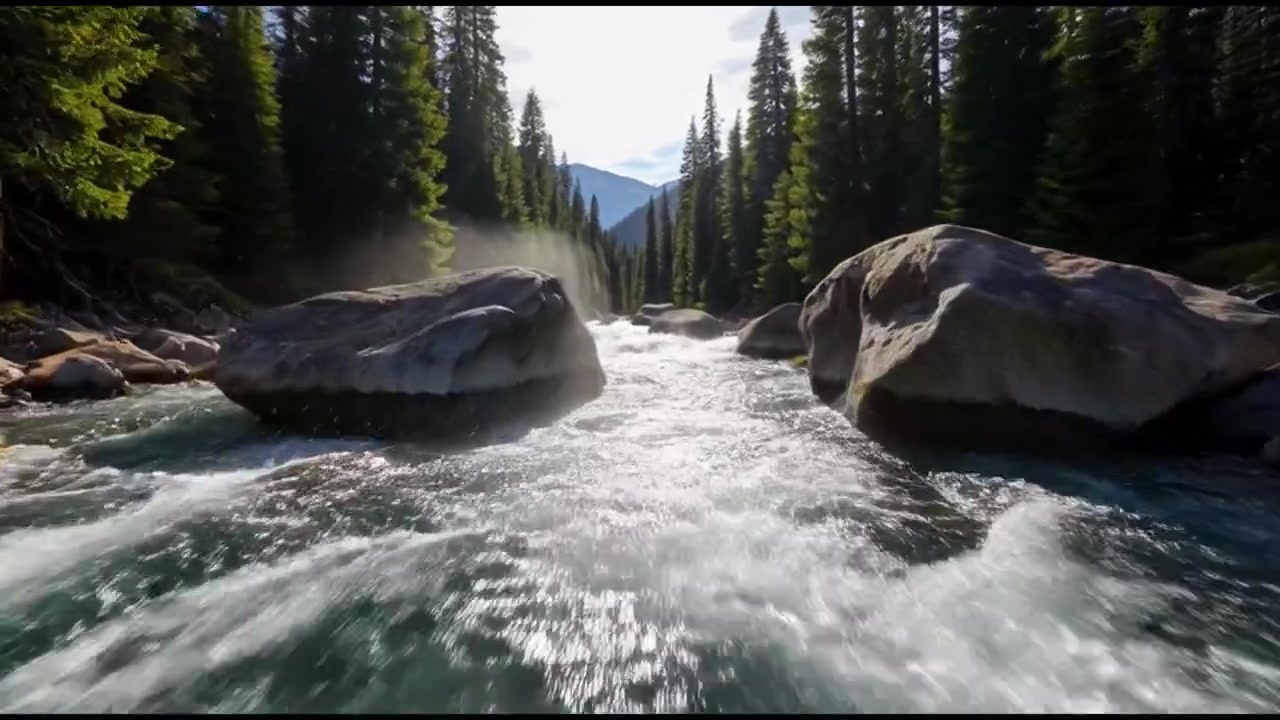 Fiume di montagna impetuoso che attraversa una pineta