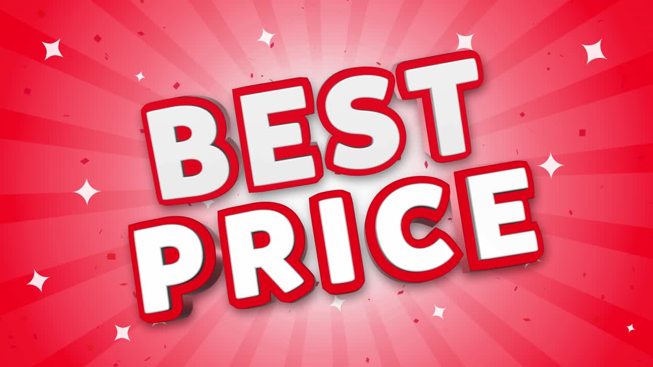 Best price 3d text on red sparkling falling confetti background ad promotion discount offer sale