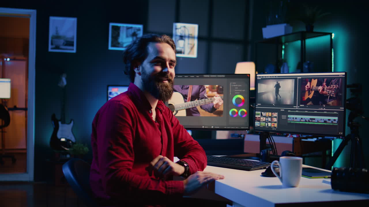 sonriente trabajador de postproducción del estudio manipulando imágenes en bruto, haciendo ajustes