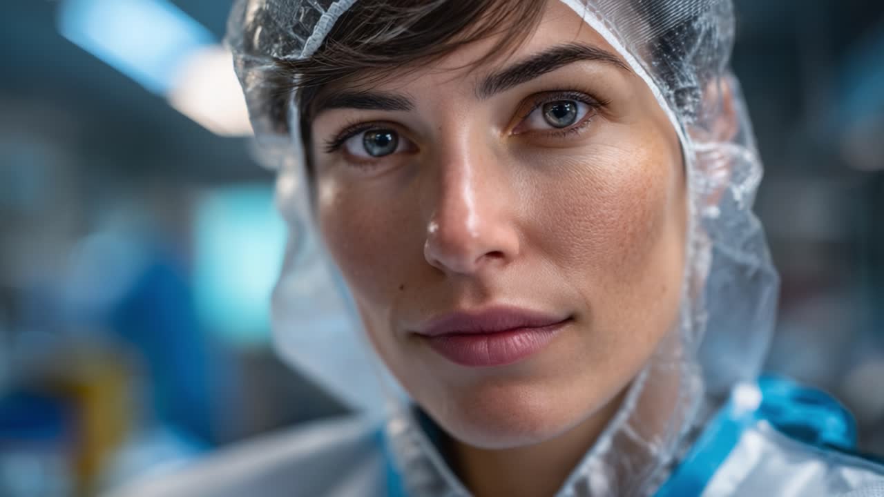 Nærbillede af en målrettet person i beskyttelsesudstyr, der viser et fokuseret udtryk midt i et klinisk eller laboratoriemiljø, hvilket udstråler professionalisme og engagement