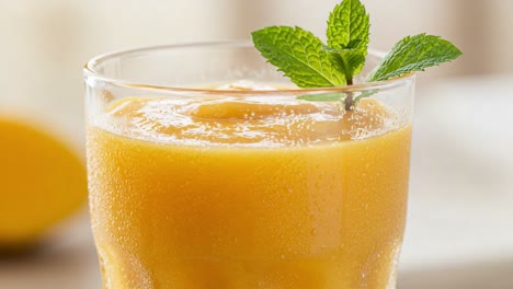refreshing mango smoothie garnished with mint leaves in a frosted glass, perfect for summer days and healthy indulgence, capturing the essence of fruity freshness