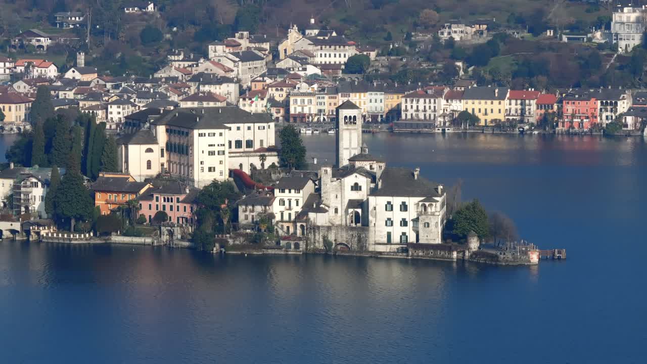 Aerial view of Isola San Giulio islet and Orta town, Lake Orta, Italy. Copy space