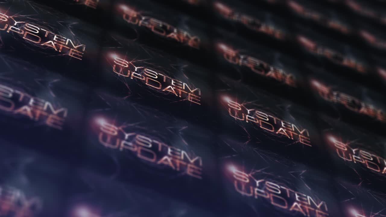 SYSTEM UPDATE Futuristic Tile Matrix Pattern Moving animation on LED wall for background concept. 4K 3D rendering seamless loop motion creative SYSTEM UPDATE backdrop.