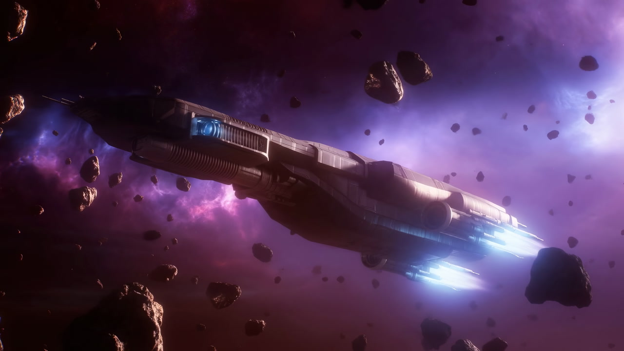 Spaceship Gliding Through Asteroid Field Purple Nebula Backdrop, Blue Thruster Glow Illuminates Rocky Debris,