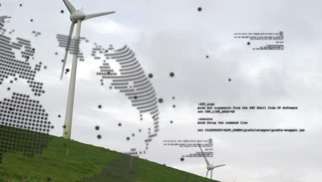 animation of data processing and spinning globe over windmill against blue sky